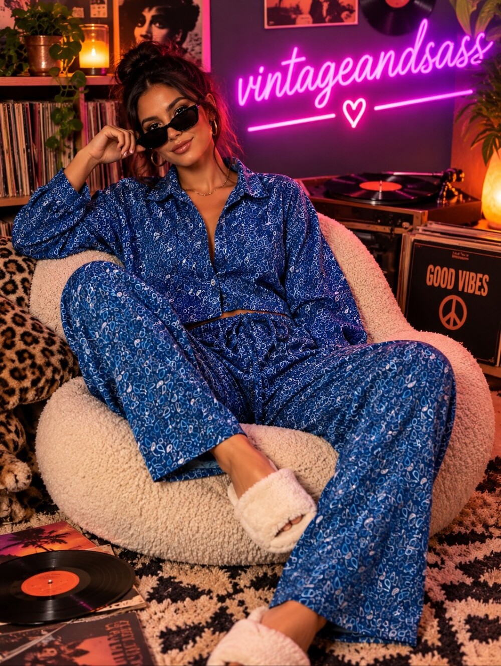 Cabernet Sleepwear Blue Paisley Pajama Set - Size Small EUC Long Sleeve & Pants
